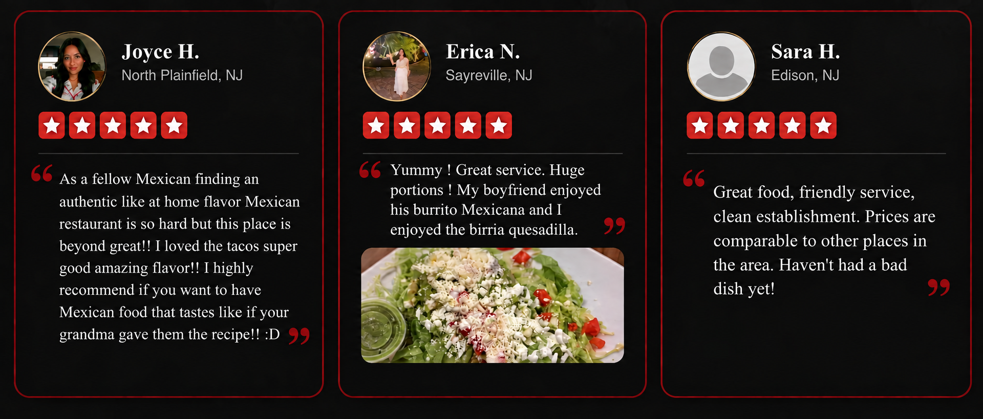Five-star customer reviews for Edison Tex Mex Deli